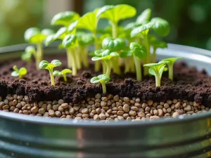 Layered Vegetable Tub Garden - Close-up shot of a large galvanized tub showing layers of gravel drainage and rich soil, young vegetable seedlings emerging, water droplets on metal surface, natural sunlight