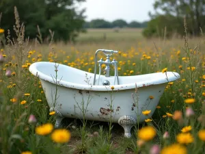 Meadow Garden Tub Scene - Wide-angle shot of a distressed white clawfoot tub set in a wildflower meadow, filled with native flowers and grasses, creating a naturalistic garden scene