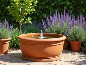 Mediterranean Style Tub Garden - Wide shot of a terracotta-colored tub with a simple fountain spout, surrounded by lavender and rosemary, sun-drenched patio setting with traditional tiles