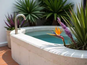 Mediterranean Tropical Mix - Close-up detail of a whitewashed stone tub featuring a sophisticated blend of bird of paradise, mediterranean fan palm, and purple cordyline. Terracotta tile surround.