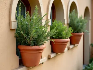 Mediterranean Tub Wall - Close-up of terracotta tubs mounted on a sun-washed stucco wall, featuring herbs like rosemary, thyme, and sage, with Mediterranean architectural details