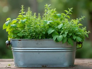 Minimalist Herb Tub - Clean, simple composition of a single large galvanized tub with carefully spaced culinary herbs, geometric arrangement, morning dew on metallic surface