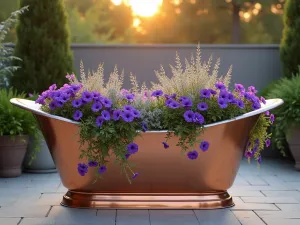 Modern Copper Tub Garden at Sunset - A polished copper bathtub filled with cascading purple petunias and silver dichondra, set against a modern patio backdrop at golden hour, photorealistic