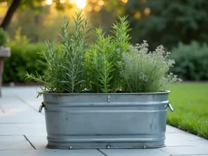 Modern Galvanized Herb Garden - A sleek galvanized steel tub filled with cascading herbs like rosemary and thyme, placed on a modern concrete patio, soft evening light reflecting off the metallic surface, minimalist garden setting