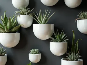 Modern Geometric Tub Wall - Close-up of sleek white ceramic tubs arranged in a geometric pattern on a charcoal wall, featuring succulents and air plants in a minimalist design, sharp details and clean lines