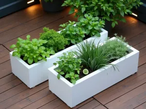 Modern Herb Garden Station - Aerial view of three sleek white ceramic tubs arranged in a triangle, each filled with different culinary herbs, positioned on a modern wooden deck with built-in lighting