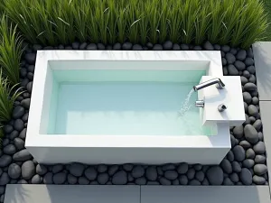 Modern Minimal Tub Fountain - Aerial view of a sleek white porcelain garden tub converted into a minimalist water feature with geometric bamboo spouts, surrounded by black river rocks and dwarf horsetail rushes, contemporary design