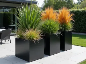 Modern Tropical Patio Display - Wide-angle view of three contemporary black metal tubs arranged in ascending heights, filled with zebra grass, orange cannas, and giant taro. Modern patio setting with minimalist furniture.