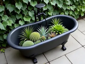 Modern Vintage Tub Contrast - Aerial view of a matte black clawfoot tub against contemporary concrete pavers, filled with modern structural plants like air plants and succulents