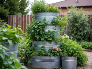 Multi-Level Tub Garden - Wide shot of stacked galvanized tubs creating a vertical garden effect, each level containing different herbs and flowers, industrial-style garden layout