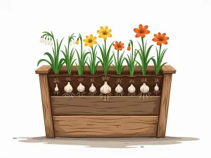 Multi-Season Bulb Layer Display - Cross-section illustration of a deep wooden tub showing multiple layers of bulbs planted for successive blooming, from early spring snowdrops to late summer lilies