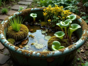 Natural Bog Tub Garden - Aerial view of a large vintage tub transformed into a bog garden with carnivorous plants, including pitcher plants and sundews, morning dew glistening