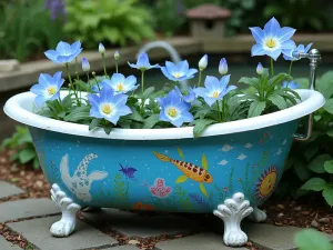 Ocean Theme Tub Garden - Wide shot of a children's bathtub painted with sea creatures, filled with blue lobelia and white bacopa, positioned near a water feature, bright natural lighting