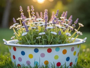 Polka Dot Sensory Bath - Close-up of a white children's tub with colorful polka dots, planted with lamb's ear, chamomile, and lavender, soft evening light, texture-focused shot