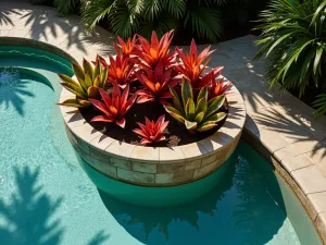 Poolside Tropical Container Garden - Aerial view of a grand ceramic tub positioned at a pool corner, filled with vibrant red cannas and variegated elephant ears. Palm shadows dance across the water surface, creating a paradise-like setting.