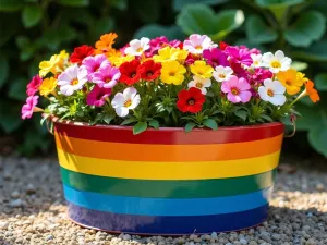 Rainbow Bath Planter - Children's tub painted in rainbow stripes, filled with multi-colored petunias creating a cascading effect, positioned on gravel path, bright midday lighting