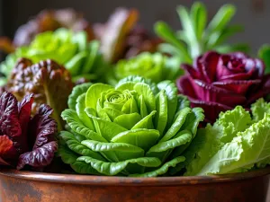 Rainbow Lettuce Collection - Close-up view of an antique copper tub showcasing a stunning array of different colored lettuce varieties, including purple oak leaf, red romaine, and butter lettuce, with water droplets glistening on leaves