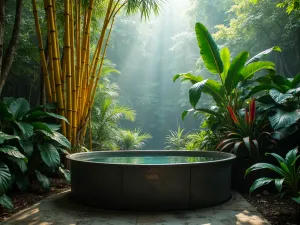 Rainforest Inspired Tub Garden - Wide shot of a large oval metal tub creating a rainforest scene with tall yellow bamboo, giant elephant ears, and colorful bromeliads. Misty atmosphere with mood lighting.