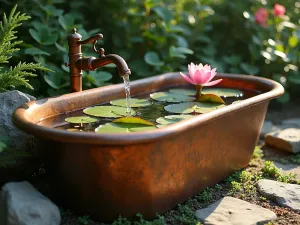 Rustic Copper Tub Lily Pond - A vintage copper bathtub transformed into a serene water feature with blooming water lilies, surrounded by natural stone and trailing ferns, soft afternoon light creating reflections on the water surface, photorealistic style