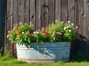 Rustic Farmhouse Tub Garden - Wide-angle view of a weathered galvanized tub against a barn wall, overflowing with flowering herbs and edible flowers, morning light casting long shadows