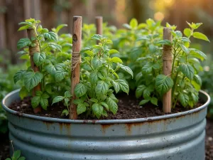 Rustic Pizza Garden Tub - Vintage galvanized steel tub filled with thriving tomato plants, fragrant basil, and flowering oregano, arranged in tiers, with rustic wooden stakes and twine supports, captured in warm evening light