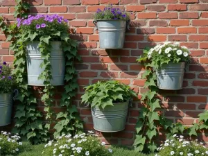 Rustic Vertical Tub Garden Wall - A rustic brick wall with vintage galvanized metal tubs mounted at different heights, filled with trailing ivy, purple petunias, and white alyssum creating a cascading effect, soft afternoon lighting, photorealistic style