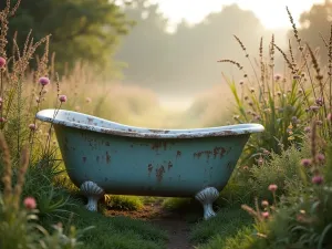 Rustic Weathered Tub Garden - Wide-angle view of a naturally weathered antique clawfoot tub surrounded by wildflowers and ornamental grasses, with soft morning mist, creating a dreamy cottage garden atmosphere