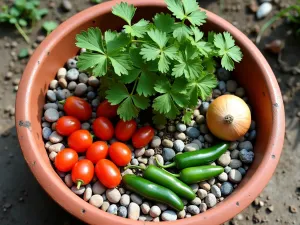 Salsa Garden Display - Aerial view of a terracotta-colored tub garden featuring tomatoes, cilantro, jalapeños, and onions, arranged in concentric circles with decorative pebble mulch