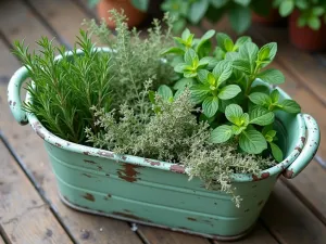 Sensory Herb Bath Garden - Aerial view of an antique children's tub painted mint green, filled with various textures of herbs including woolly thyme, rosemary, and mint, placed on a wooden deck, natural lighting