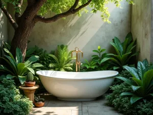 Shade Garden Tub Installation - A white porcelain tub nestled under tree canopy, filled with shade-loving plants and ferns, with dappled sunlight creating beautiful shadows