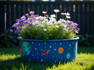 Space Explorer Garden Tub - Wide angle view of a deep blue children's tub painted with planets and stars, filled with white cosmos and purple salvia, positioned against a dark fence, dramatic lighting