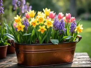 Spring Bulb Layered Garden Tub - A vintage copper garden tub filled with blooming tulips, daffodils, and hyacinths in pastel colors, photographed from above showing the perfect layered planting arrangement, soft morning light creating dew drops on petals, cottage garden style