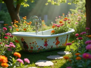 Storybook Garden Tub - Wide angle view of a children's bathtub painted with fairytale characters, surrounded by stepping stones, filled with colorful zinnias and sweet alyssum, dappled sunlight through trees