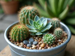 Succulent Galvanized Display - Close-up of a shallow galvanized tub featuring an artistic arrangement of drought-resistant succulents, pebble mulch, and small cacti, light reflecting off metallic surfaces