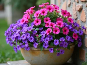 Summer Cascading Tub Garden - Close-up view of a weathered stone tub overflowing with vibrant petunias, verbena, and calibrachoa in shades of purple and pink, creating a dramatic cascading effect against a rustic garden wall