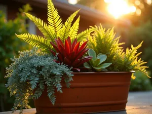 Sunset Paradise Tub Garden - Side angle of a rust-colored metal tub backlit by sunset, filled with golden hawaiian tree fern, red ensete banana, and trailing silver falls dichondra. Warm evening lighting.