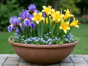 Transitional Spring to Summer Tub - Side-angle view of a large ceramic tub showing the transition between late spring iris and emerging summer lilies, with forget-me-nots filling the spaces between