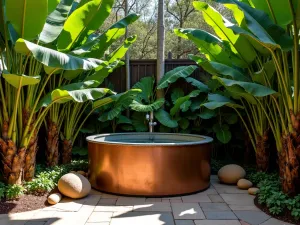 Luxurious Tropical Garden Tub Oasis - A large copper garden tub surrounded by towering banana plants and elephant ears, situated on a natural stone patio. Dramatic lighting casts shadows through the tropical foliage, creating a resort-like atmosphere. Decorative river rocks and bamboo mulch complete the scene.