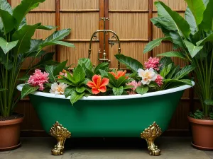 Tropical Paradise Tub Garden - Wide shot of an emerald green clawfoot tub exploding with tropical foliage and bright flowers, set against a bamboo privacy screen