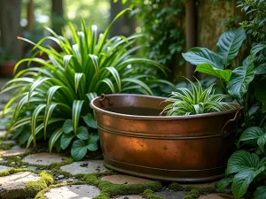 Tropical Shade Garden Tub - Close-up view of a vintage copper tub in a shaded setting, featuring shade-loving tropical plants like striped calathea, japanese forest grass, and climbing philodendron. Moss-covered stones add texture.