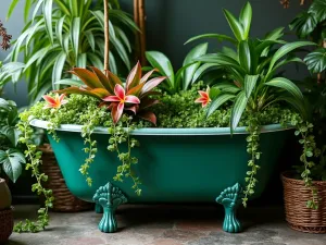 Tropical Tub Oasis - Close-up of an emerald green clawfoot tub featuring tropical plants like trailing pothos and colorful bromeliads, creating an exotic garden focal point