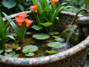 Tropical Tub Paradise - Close-up of an ornate Victorian tub filled with tropical water plants, featuring exotic canna lilies and papyrus, with a small decorative waterfall