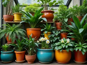 Tropical Vertical Paradise - Wide shot of colorful ceramic tubs arranged vertically, filled with tropical plants like bromeliads, orchids, and hanging ferns, creating a lush jungle effect