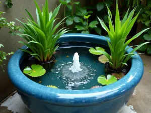 Tropical Water Garden Tub - Aerial view of a blue ceramic tub featuring aquatic tropical plants like papyrus, water canna, and floating water lettuce. Small water fountain creates movement.