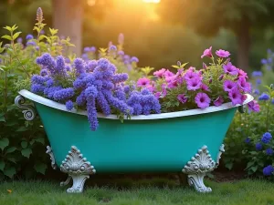 Turquoise Clawfoot Garden Centerpiece - A vintage white clawfoot tub painted in vibrant turquoise, overflowing with cascading purple petunias and blue lobelia, centered in a lush garden setting, photographed during golden hour, photorealistic style