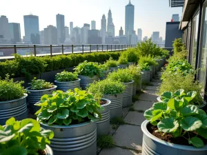 Urban Rooftop Tub Garden - Aerial view of multiple galvanized tubs on a modern rooftop garden, creating an organized pattern of edible plants, city skyline in background