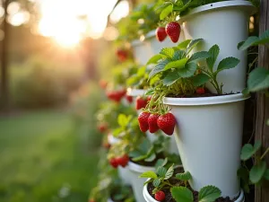 Vertical Strawberry Tower - Innovative stacked white tubs creating a vertical strawberry garden, with cascading plants and ripening fruits, captured from a low angle with sun flare