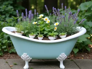 Victorian Tea Garden - Elegant claw-foot bathtub repurposed as a garden container, painted in pale blue, filled with chamomile, mint, and lavender, surrounded by vintage tea cups used as smaller planters