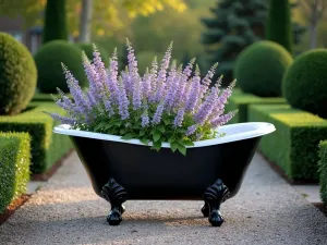 Victorian Tub Garden Feature - A pristine black Victorian clawfoot tub filled with purple and white trailing lobelia, positioned on a gravel path with formal boxwood hedges, evening lighting