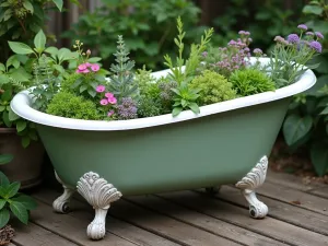 Victorian Tub Herb Garden - An ornate Victorian clawfoot tub painted in sage green, filled with culinary herbs and edible flowers, positioned on rustic wooden decking